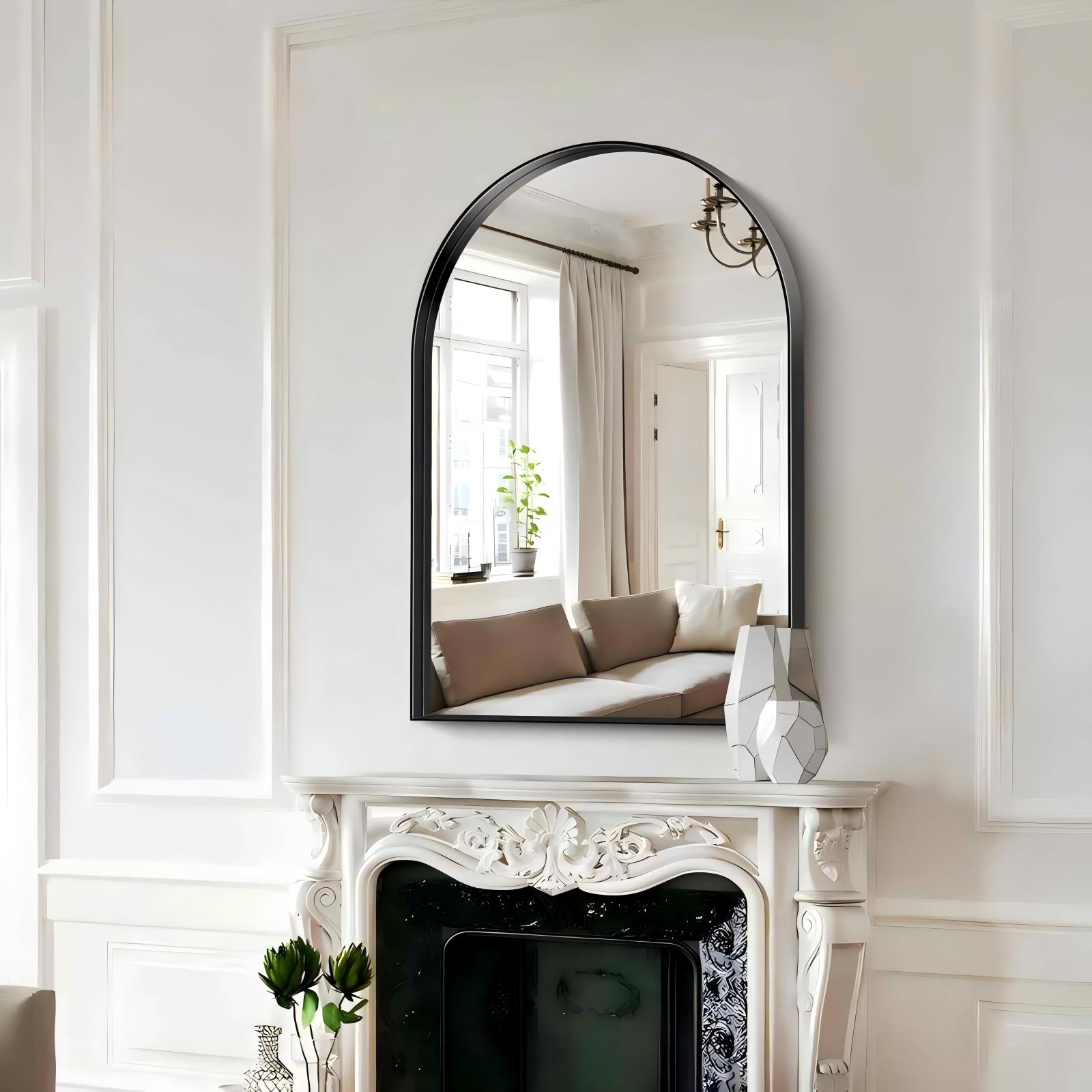Arched Bathroom Mirror With Modern Black Metal Frame Wall Decor_voghion.com